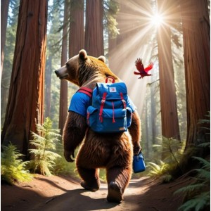 Brown Bear Wearing Blue Backpack