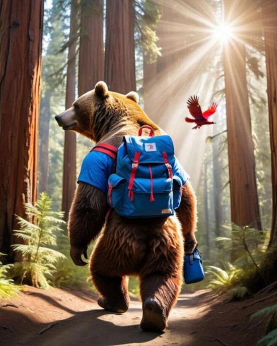 Brown Bear Wearing Blue Backpack